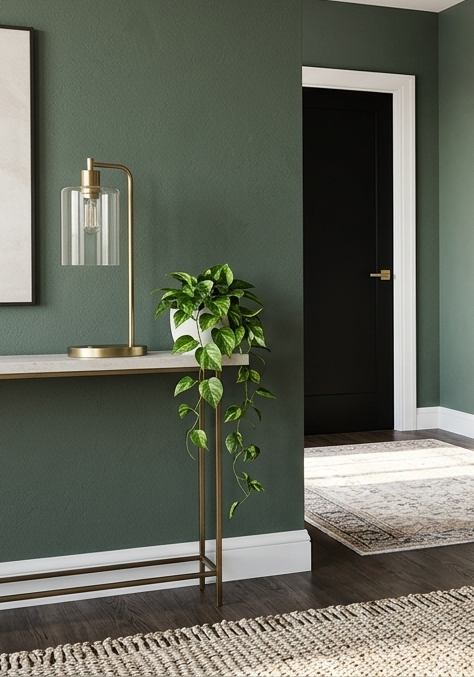 a foyer in a clean home. The floors are dark hardwood. The walls are an olive green. A black door peaks from behind a corner. a console against the wall holds a vining plant and a lamp.