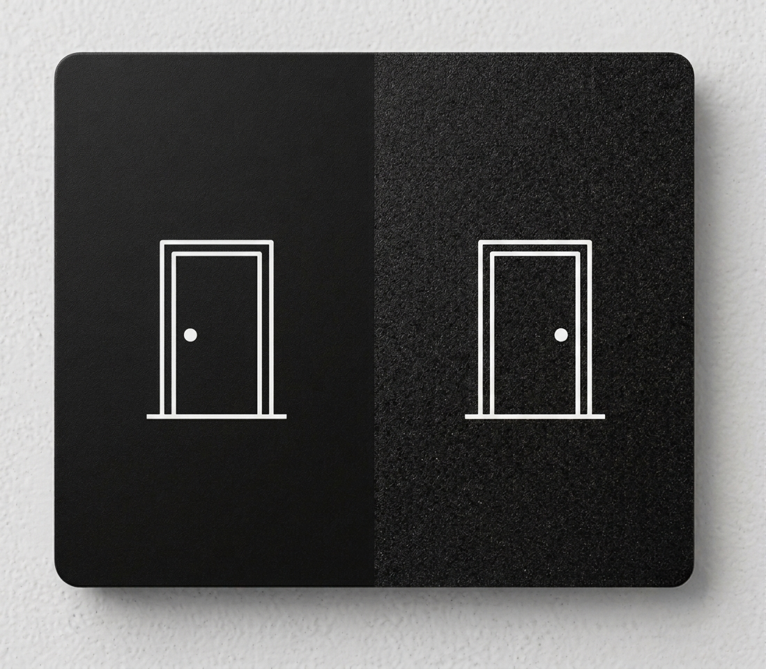 A swatch split in half. One half is primed black paint and the other is pre-finished black paint. A door icon sits on either side.